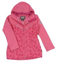 Růžová šusťáková outdoorová jarní dlouhá bunda se vzorem a kapucí Jack Wolfskin