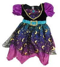 Kockovaným - Čierno-modrozeleno-tmavofialovo/růžové sametovo/saténové šaty s tylem so zlatými hviezdičkami a mesiacmi