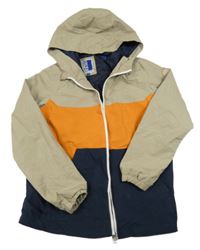 Béžovo-oranžovo-tmavomodrá šusťáková jarní bunda s nášivkou a kapucí JACK&JONES
