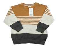 Nové - hnedo-svetlošedá -tmavosivý rebrovaný sveter s pruhmi F&F