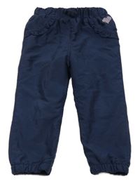 Tmavomodré cuff šusťákové podšité kalhoty se srdíčkem a volánky a mašlí Topomini