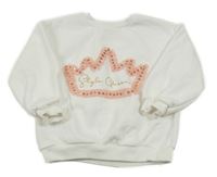 Biela oversize mikina s korunkou s flitrami a zlatým nápisom Matalan