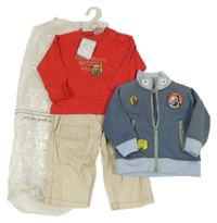 Nové - 3Set - Modrošedo-světlemodrá propínací mikina s nášivkami + červené triko s nápisy a medvídkem + světlebéžové sametovo/manšestrové kalhoty STOMP