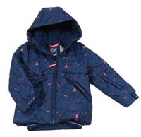 Tmavomodrá prošívaná šusťáková funkční zimní lyžařská bunda s obrázky a kapucí Wed'ze