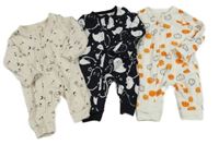 Nové - 3x - Overal - Světlebéžový melírovaný s mesiacmi a hvězdičkami, černý s duchy, bílý s dýněmi F&F