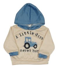 Smetanovo-modrá mikina s traktorom a kapucňou SHEIN