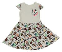 Bielo-čierne vzorované šaty s jednorožcem z flitrů a motýlikmi a farebnymi bodky