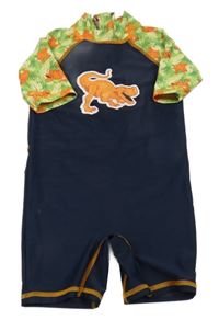 Tmavomodro-zeleno-žlutý UV overal s dinosaury a listy Kuniboo