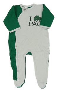 Bielo-tmavozelený overal s nápismi a trojlístkem