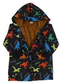 Čierny jarný zateplený kabát s farebnymi dinosaurami a kapucňou