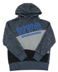 Tmavomodro-šedo/melírovano-čierna mikina s písmenky a kapucňou YIGGA