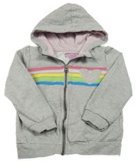 Šedá melírovaná propínací mikina s barevnými pruhy se srdcem a kapucí Pocopiano