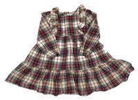 Béžovo-červeno-tmavomodré kockované trblietavé šaty s volánikmi F&F