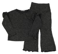 2set - Černý třpytivý žebrovaný svetr s volánky + pletené kalhoty Primark