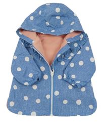 Nové - Modrá puntíkatá šusťáková jarní bunda s volánky a kapucí Nutmeg