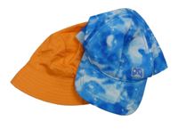2set - Modro-biela batikovaná šiltovka s nášivkou + oranžový klobúk