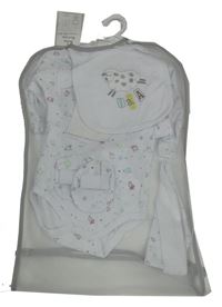 Nové - 6set - Bílé triko s ovcemi + body + lehké tepláky + slinták + čepice + capáčky