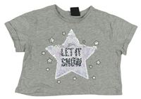 Sivé melírované crop tričko s hvězdou z flitrů E-Vie
