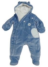 Modrá plyšová zateplená kombinéza s medvědem a kapucí Mothercare