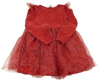 Červené žinylkové šaty s tylovou sukní a volánikmi H&M