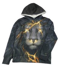 Tmavošedo-žltá vzorovaná mikina s lvem a kapucňou