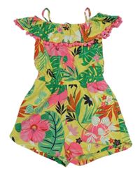 Žluto-zeleno-růžový květovaný kraťasový overal s volánkem s bambulkami George