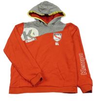 Červeno-šedá mikian s nápisom a kapucňou