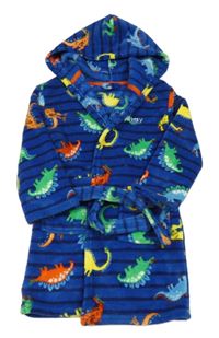 Tmavomodro-barevný chlupatý župan s dinosaury a kapucí 