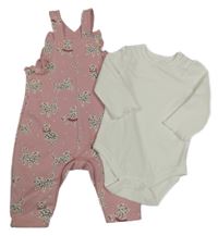 Nové - 2 set - bílé žebrované body + růžové laclové tepláky s leopardy Peacocks