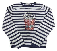 Bielo-tmavomodrý pruhovaný ľahký sveter s kočkou z flitrů H&M