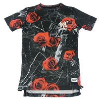 Čierne vzorované športové tričko s růžemi Sonneti