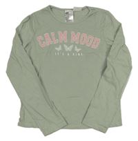 Zelené triko s nápisem a motýlky H&M