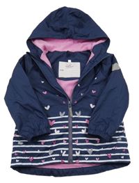 Tmavomodro-bielo-ružová šušťáková lehce zateplená bunda s pruhmi a srdiečkami a kapucňou Topolino