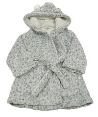 Světlešedý chlupatý župan s leopardím vzorem a kapucí Nutmeg