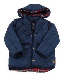 Tmavomodrá šusťákovo/manšestrová prošívaná zateplená bunda s kapucí 