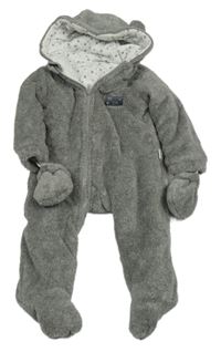 Světlešedá chlupatá zateplená kombinéza s nášivkou a kapucí+ rukavice 