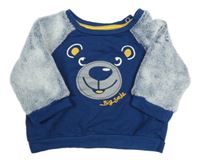 Modro-biela mikina s medvěďom a chlpatymi rukávy ERgee