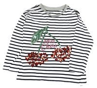 Bílo-černé pruhované triko s třešněmi z flitrů Matalan