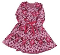 Růžovo-fuchsiovo-vínové květované svetrové šaty s páskem