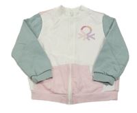 Bílo-světlerůžová propínací mikina s šedozelenými rukávy Benetton