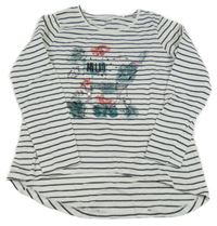 Bielo-tmavomodro-strieborné pruhované tričko s vtáčky a líškou a flitrami YIGGA