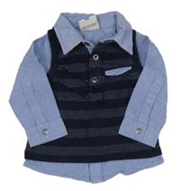 Tmvomodrá pruhovaná vesta s všitou modrou košilí Topomini