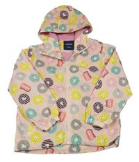 Světlerůžová šusťáková jarní bunda s donuty a kapucí 