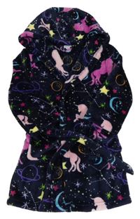 Tmavomodrý chlpatý župan s jednorožcami a kapucňou Miso