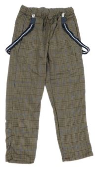 Hnědo-modré kostkované kalhoty s kšandami H&M