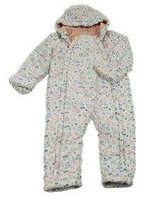 Bílá šusťáková zimní kombinéza s kytičkami a kapucí M&S