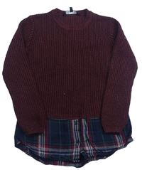 Mahagónovoý rebrovaný pletený sveter s kostkovanou halenkou New Look