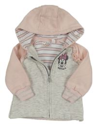 Světlešedo/růžová melírovaná propínací mikina s Minnie a volánky a kapucí Disney