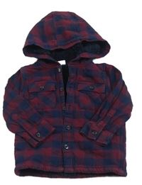 Tmavomodro-vínová kockovaná zateplená košeľová bunda s kapucňou zn. F&F