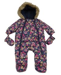 Tmavomodrá prešívaná šušťáková zimná kombinéza s kvietkami a kapucňou s kožešinou + rukavice F&F